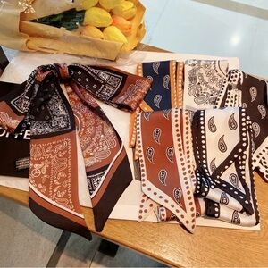Set of 6 Twilly Scarves Bandana Paisley Brown Black Cream Hair Bag Twillies